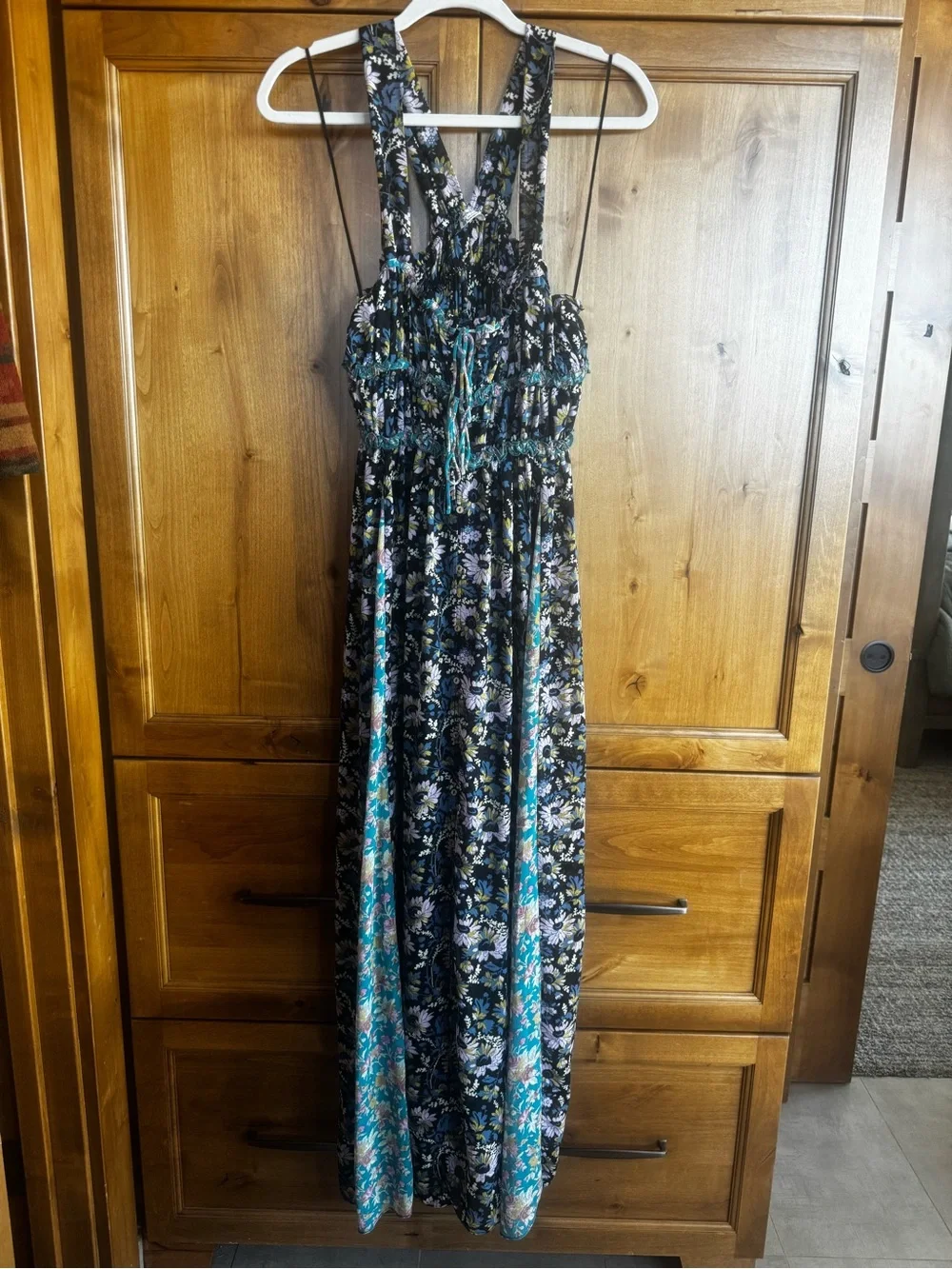 Free People Floral Print Blue Chemise Maxi Slip with Slit - Picture 4 of 9